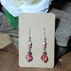 Hand Crafted Dangle Earrings With Pink Crackled Glass and Silver Toned Accents